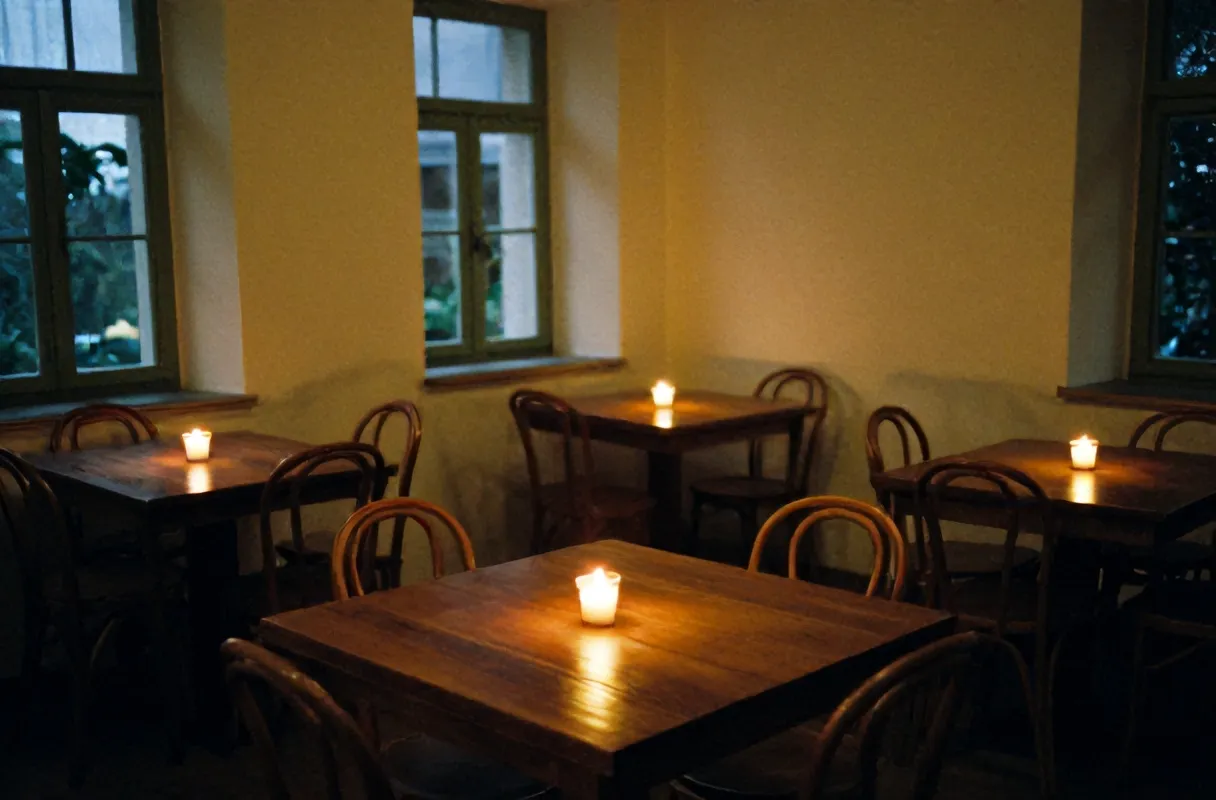 The dining room at Osteria Nove with wooden tables and bentwood chairs before service
