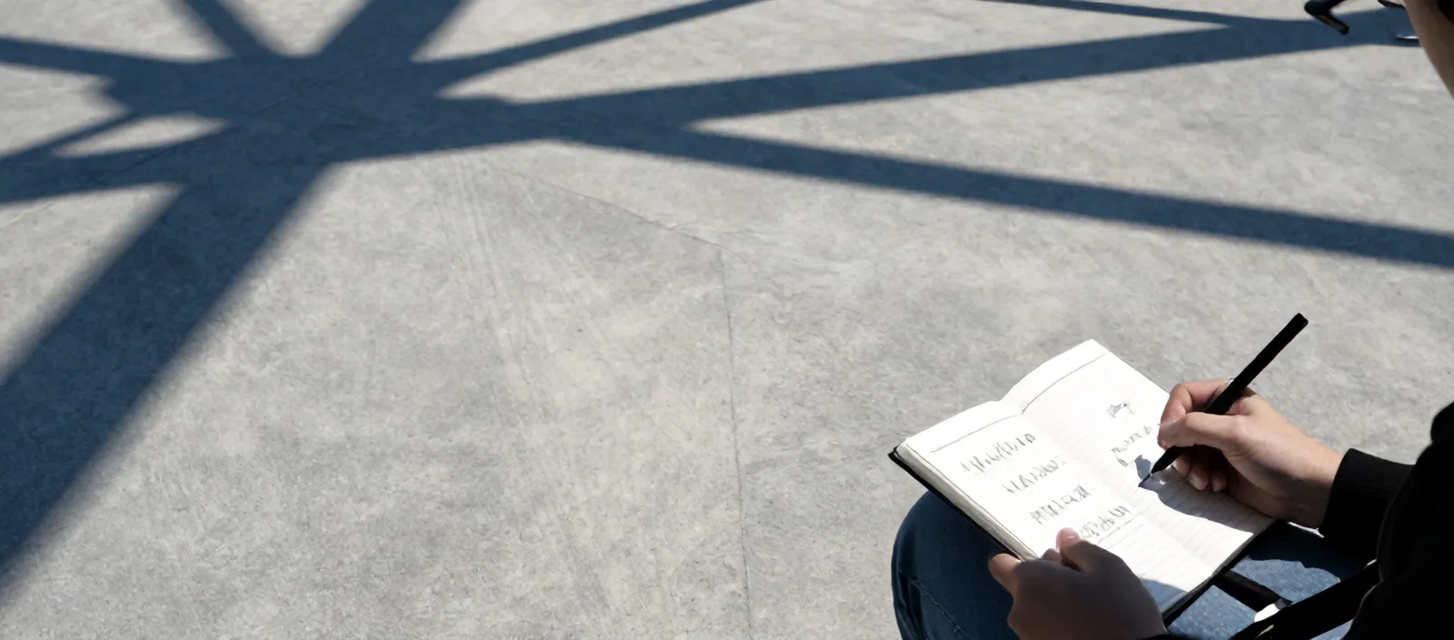 A designer sketching letterforms in a notebook, lanyard on her knee