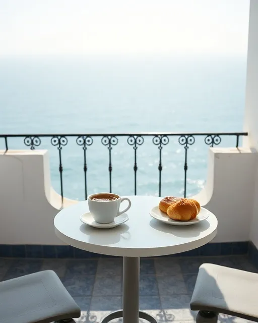 A terrace table with coffee and pastries facing the ocean