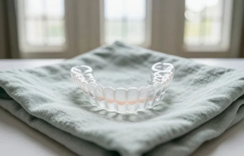 Aligner gigi transparan di atas kain sage