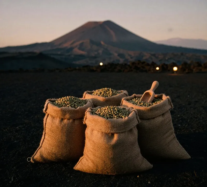 Karung goni berisi biji kopi hijau dengan sendok kayu