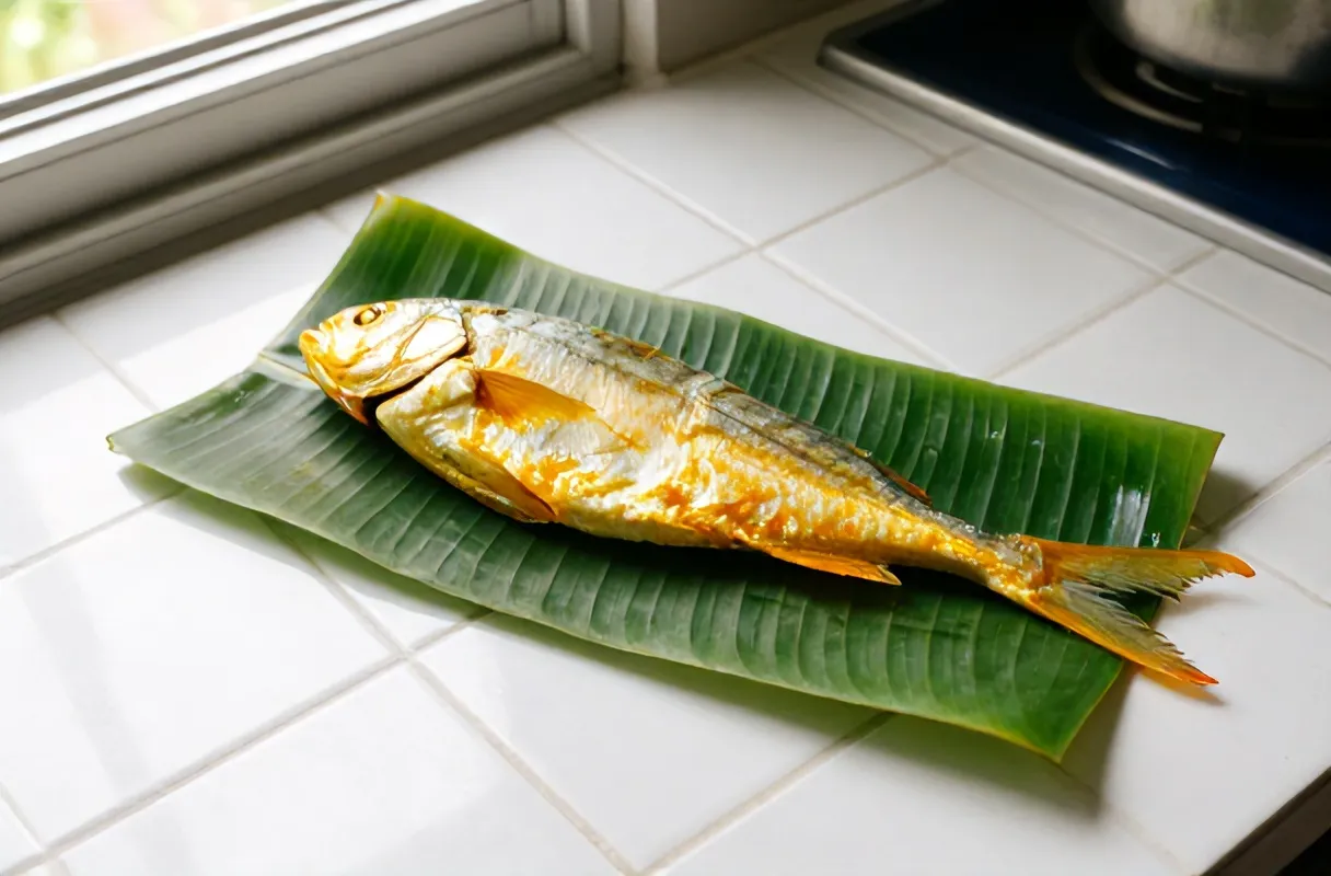 Bandeng presto utuh di atas daun pisang