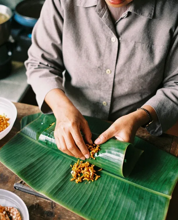 Tangan Bu Sri membungkus garang asem dengan daun pisang