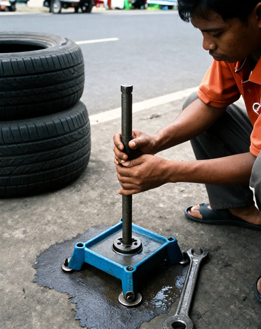 Montir mengencangkan baut motor matic di bengkel Jaya Abadi