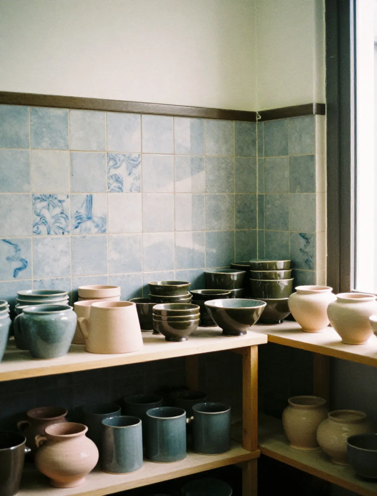 Shelves of glazed stoneware in a Porto workshop beside an azulejo wall