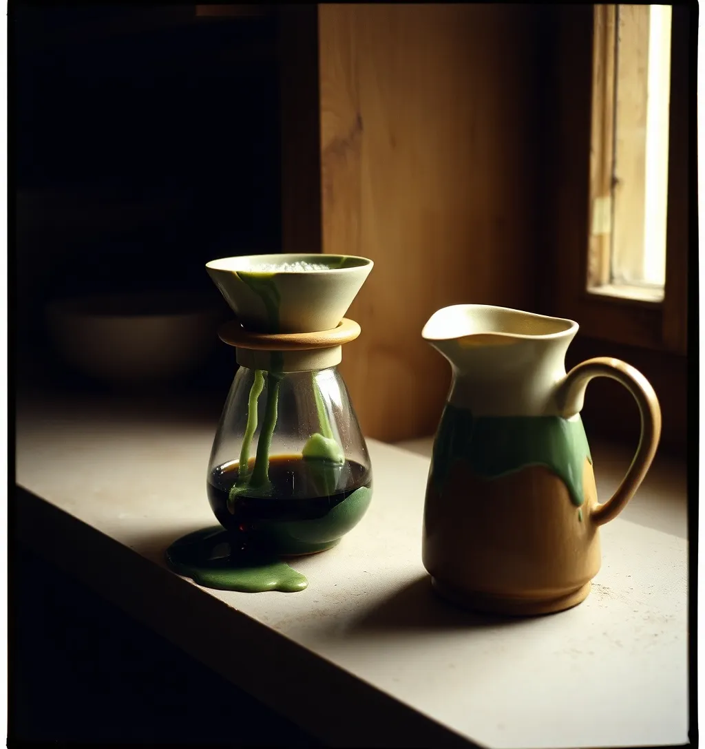 A glazed stoneware dripper and carafe resting on a kiln shelf in a Porto studio