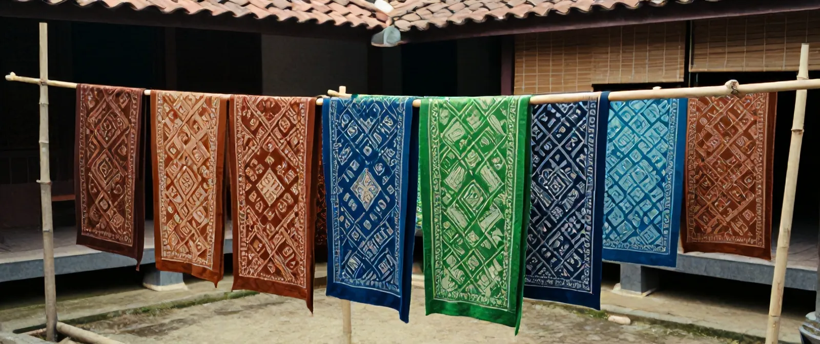 Kain batik tulis Sekar Jagad dijemur berjajar di tiang bambu, di halaman bengkel keluarga di Pekalongan