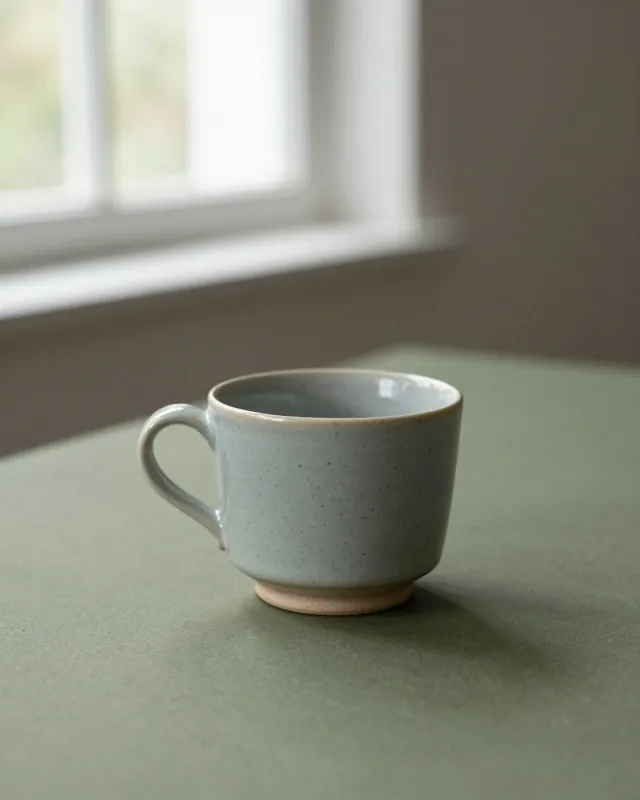 A small handleless stoneware cup with speckled glaze