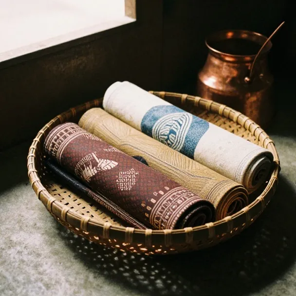 Keranjang bambu berisi gulungan kain batik dan sebuah canting tembaga