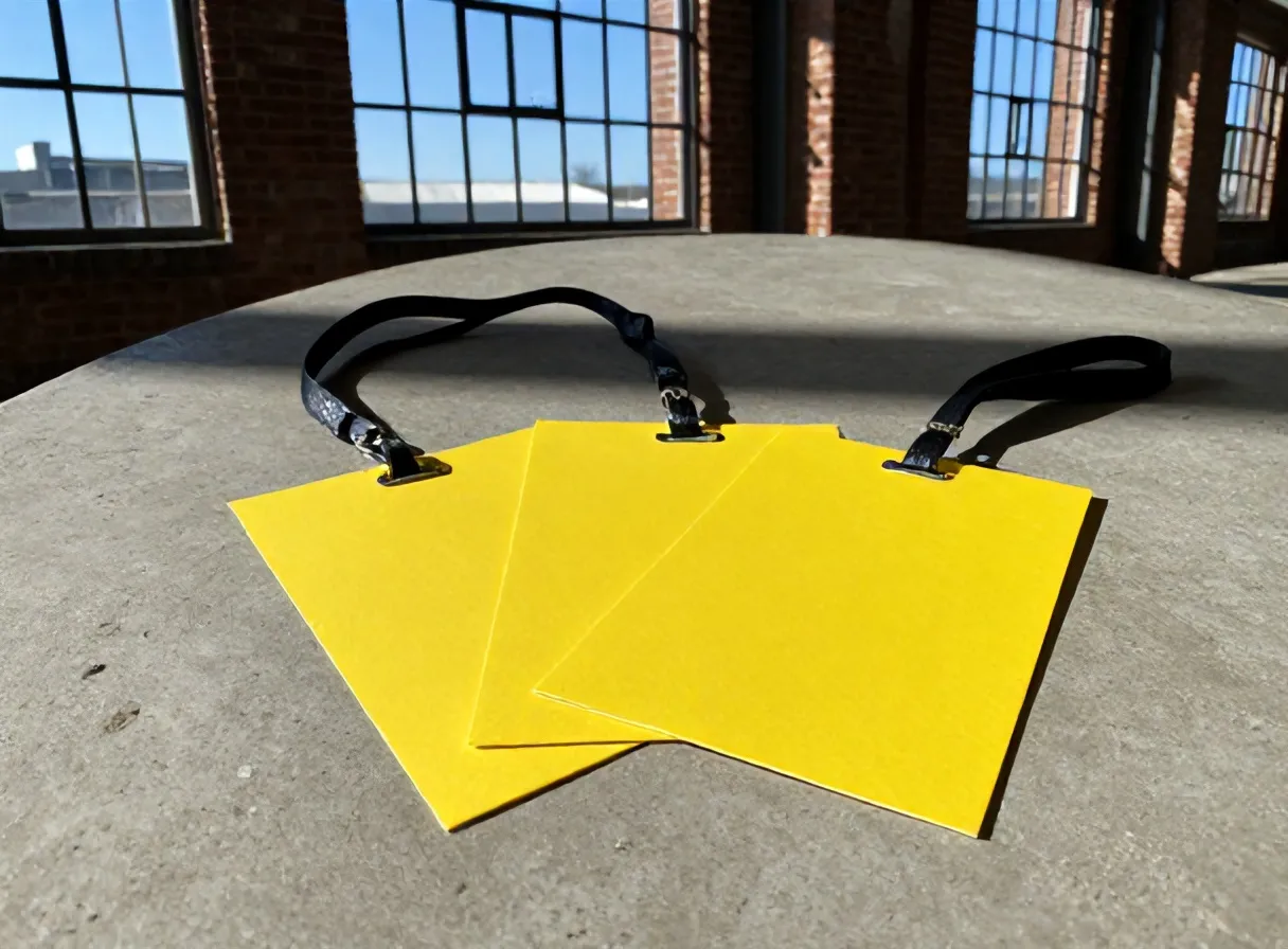 Lanyard badges and yellow programme sheets on a concrete table