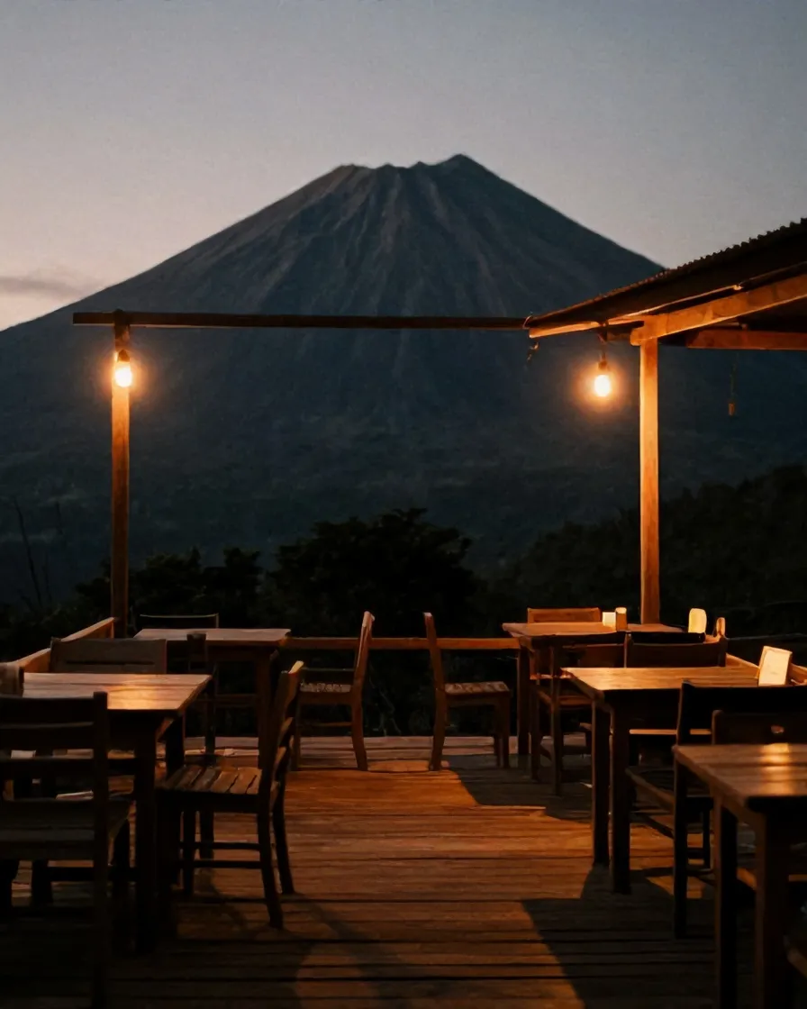 Teras kayu kedai di malam hari dengan lampu bohlam menggantung, gunung gelap di belakangnya