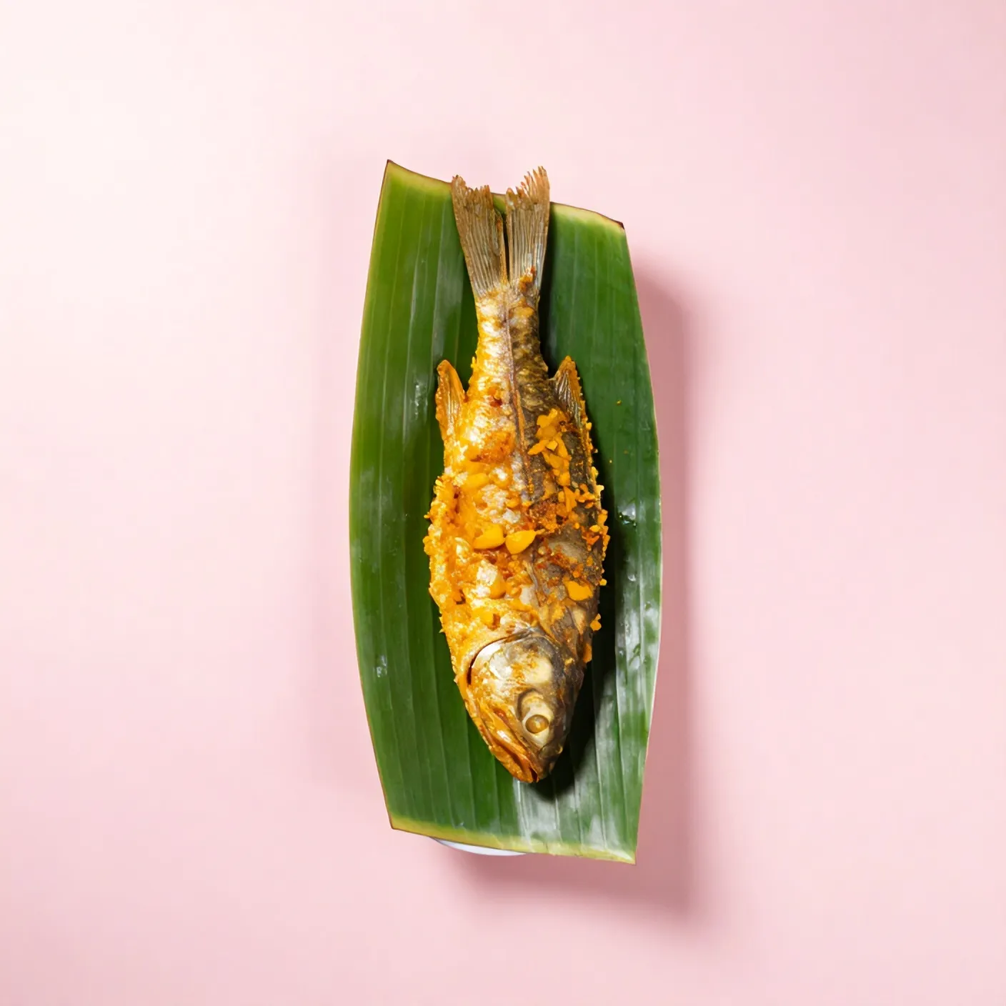 Bandeng presto goreng keemasan di atas daun pisang dengan sambal