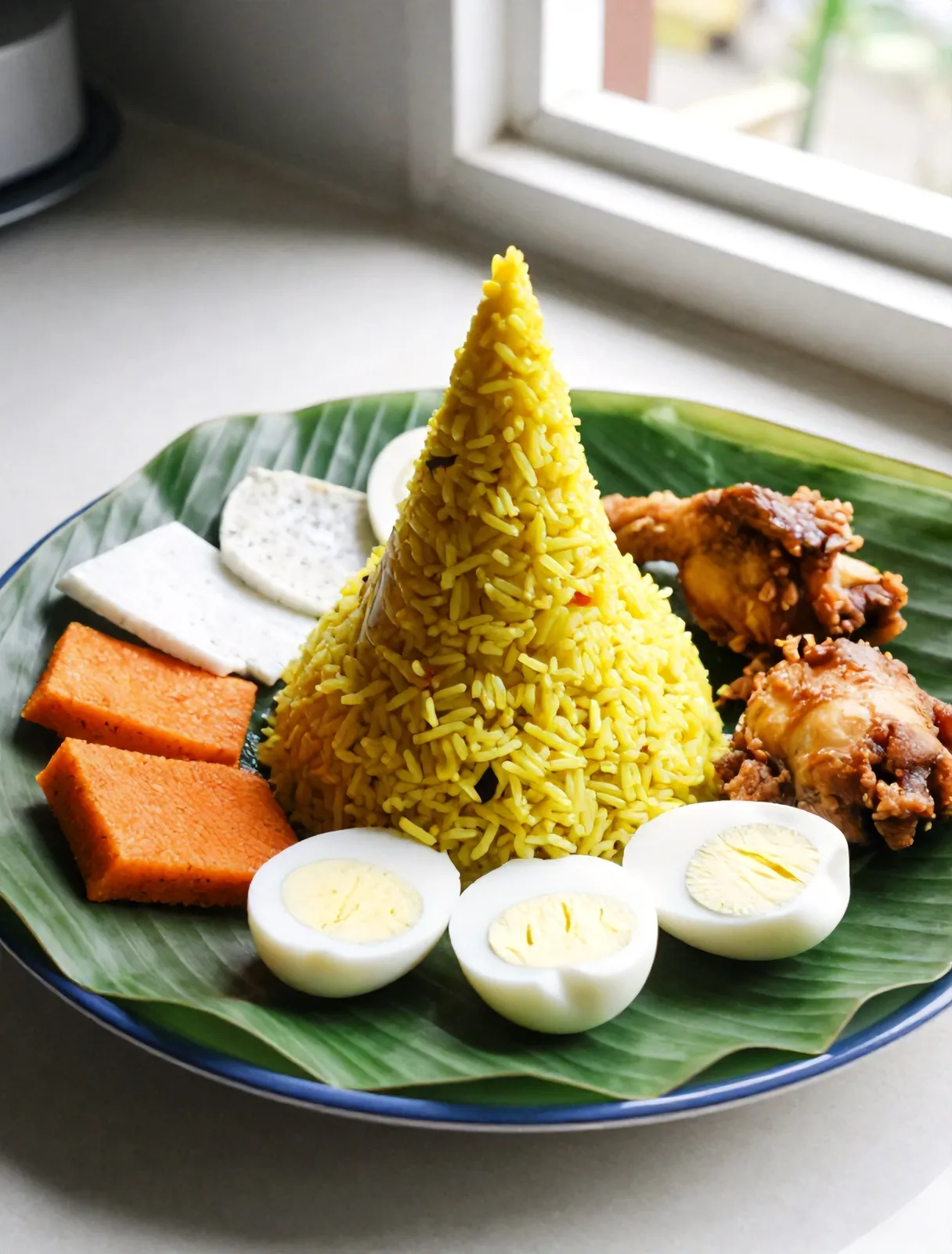 Tumpeng nasi kuning di atas tampah daun pisang dengan urap, telur dan ayam goreng