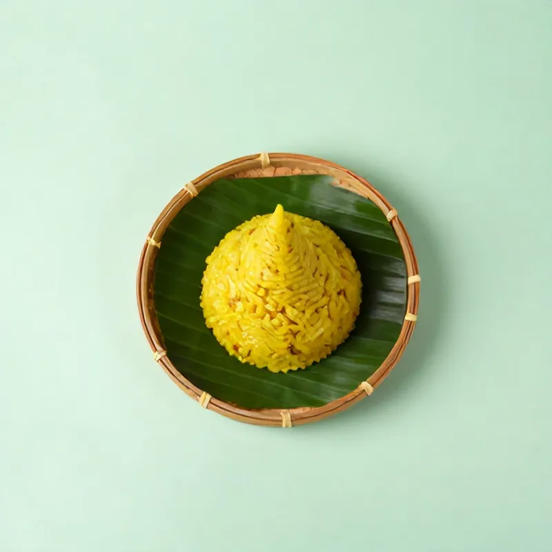 Tumpeng nasi kuning di atas tampah beralas daun pisang
