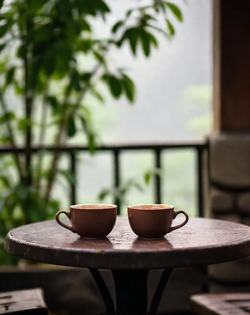 Dua cangkir kopi di meja teras