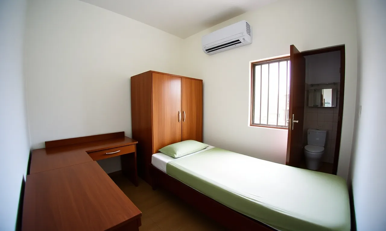 Kamar Wisma Melati dengan kasur, lemari, meja belajar, AC dan kamar mandi dalam