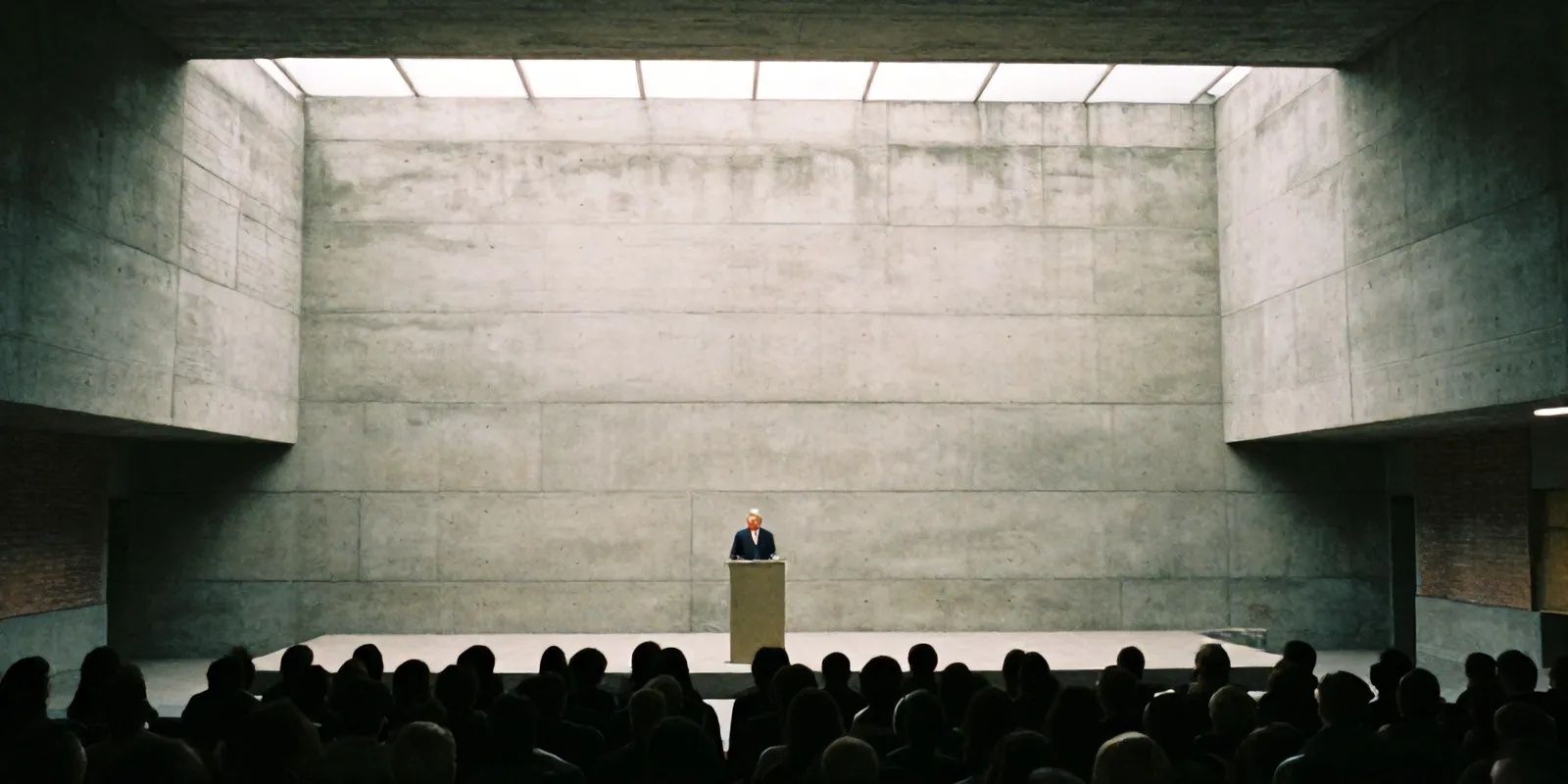 A speaker at a plain lectern on a low stage in a concrete hall, seen from the back of the room