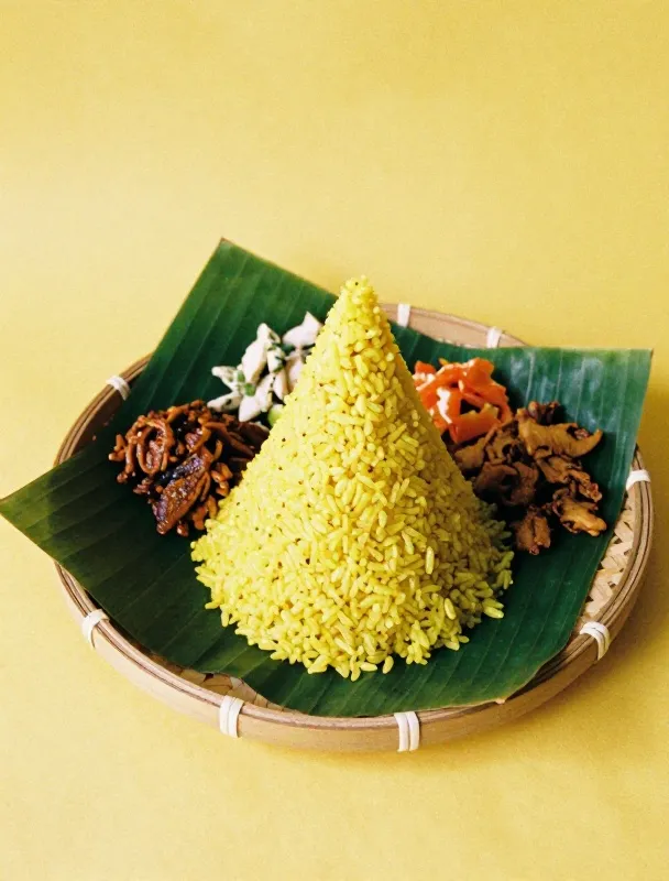 Tumpeng nasi kuning di atas tampah bambu