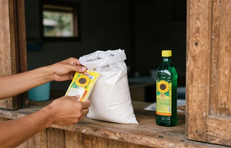 Tangan tetangga meletakkan gula pasir dan minyak goreng di meja kayu warung