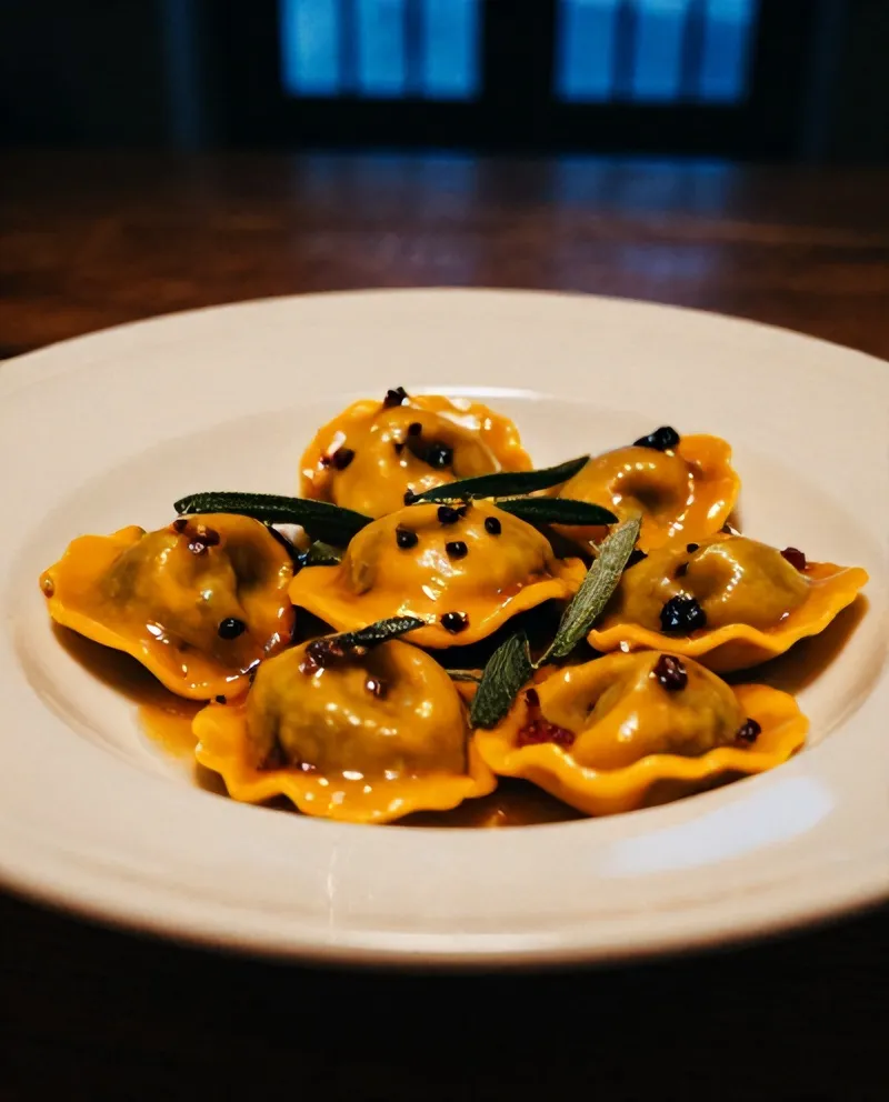 Tortelli di zucca with brown butter and sage