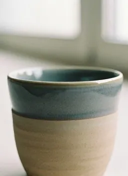 Close view of a sage-glazed Kiln cup