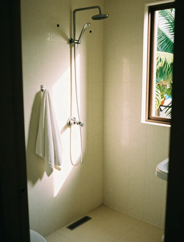 Kamar mandi dalam berubin putih dengan handuk terlipat