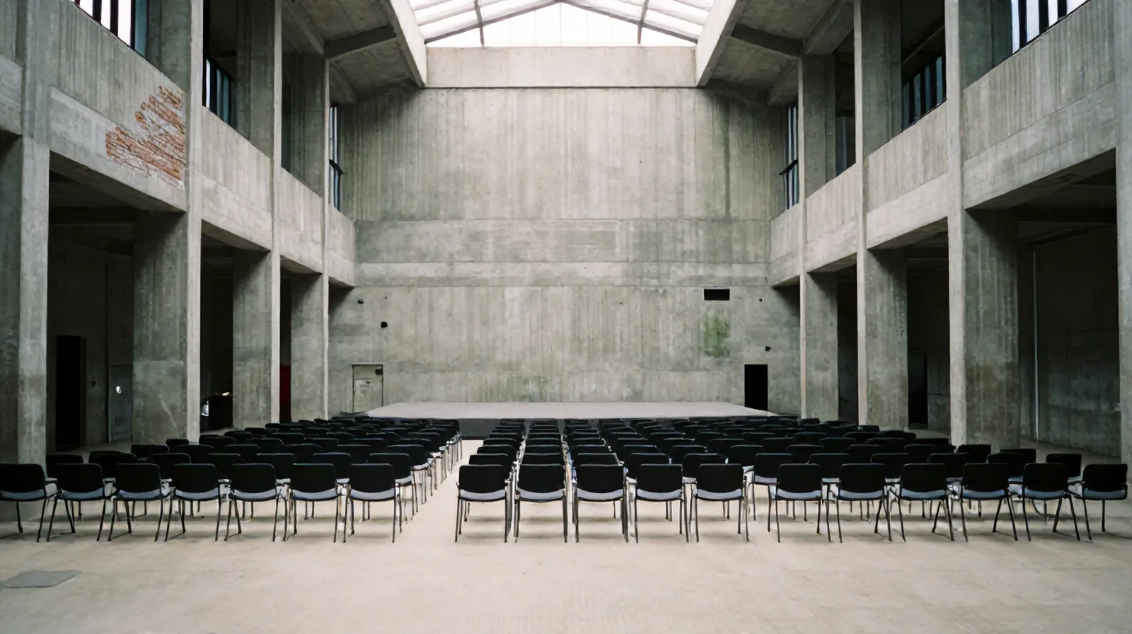 Rows of empty black chairs facing a stage in the concrete hall of the Maassilo