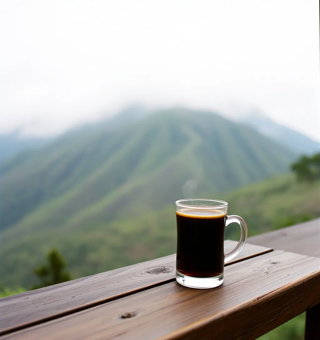 Segelas kopi tubruk di meja kayu teras dengan lereng Merapi berkabut di belakangnya