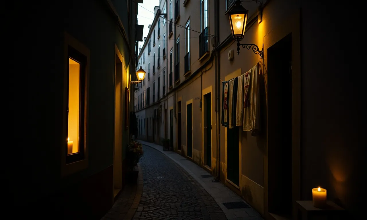 The steep cobbled lane in Alfama at dusk, windows glowing
