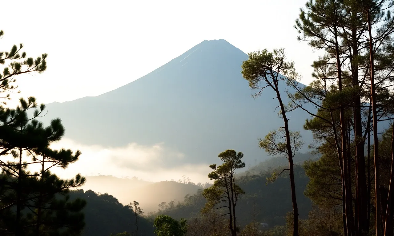 Gunung Merapi dari lereng Kaliurang, kabut tipis di pagi hari