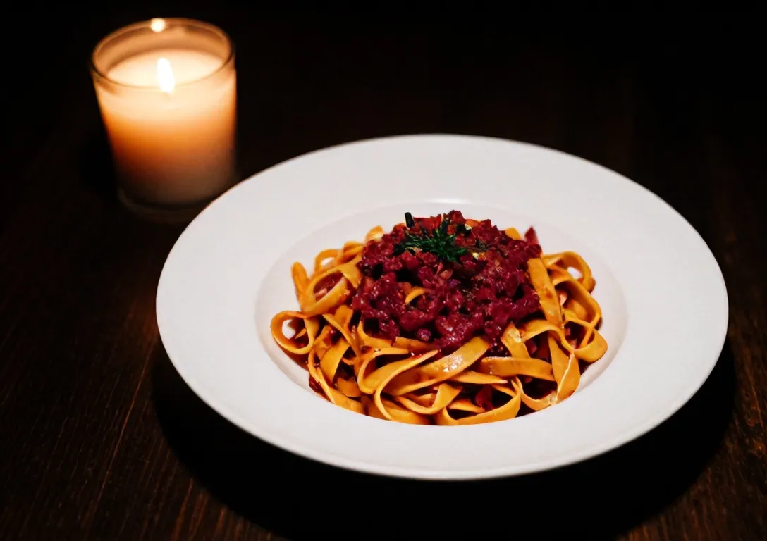 A white plate of tagliatelle al ragù beside a candle