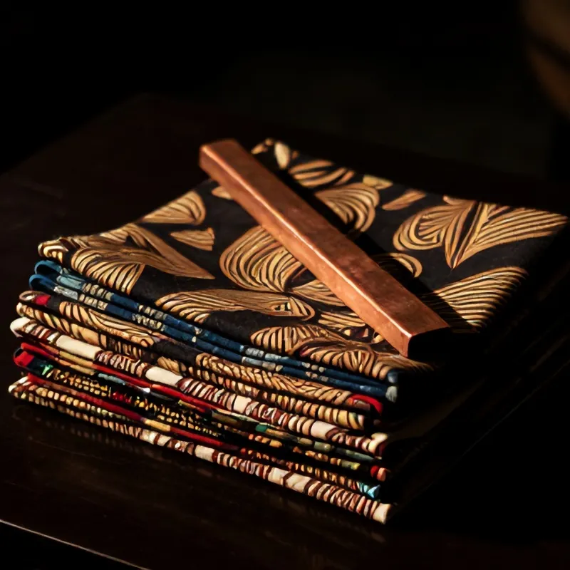 Tumpukan kain batik terlipat dengan canting tembaga