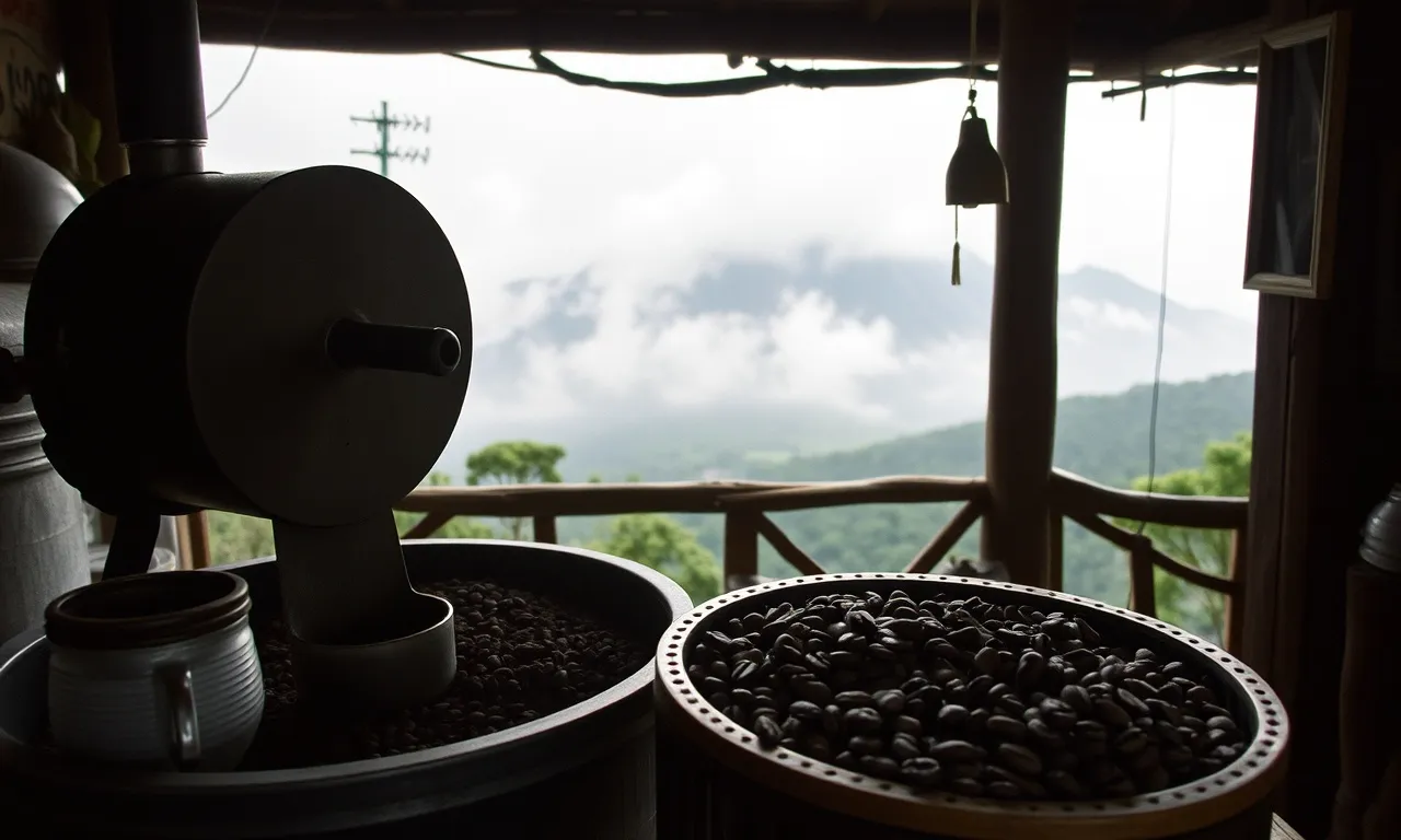 Biji kopi yang baru disangrai di nampan pendingin