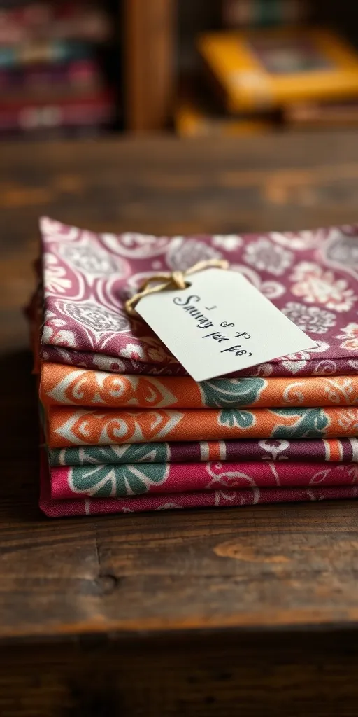 Tumpukan kain batik dengan label kertas