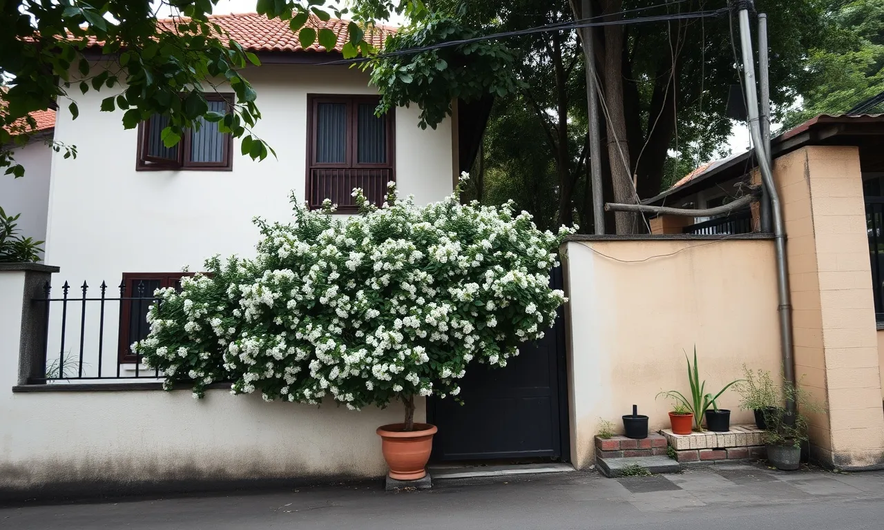 Rumah dua lantai bercat putih dengan pagar besi gelap dan semak melati berbunga putih di gang Pondok Cina, Depok