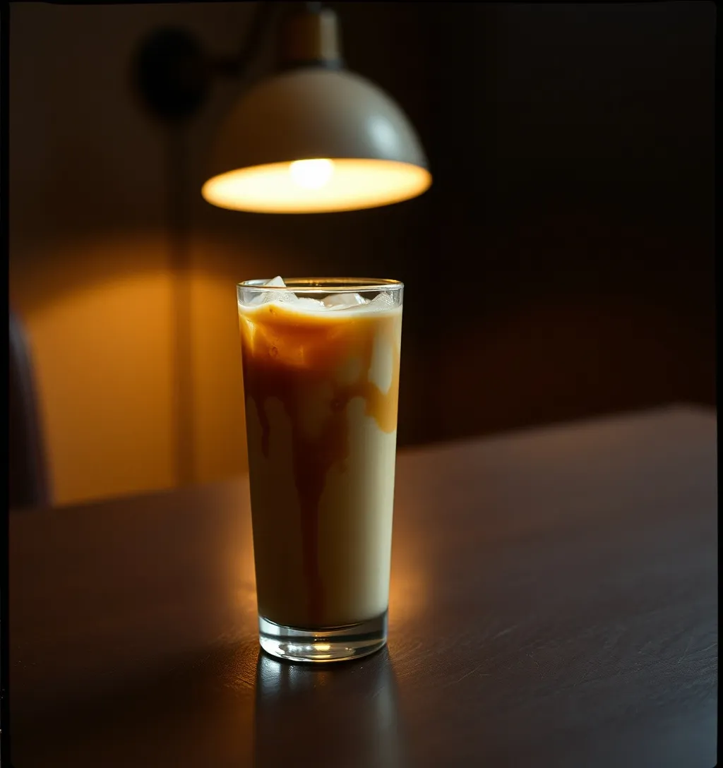 Es kopi susu gula aren di meja kayu gelap