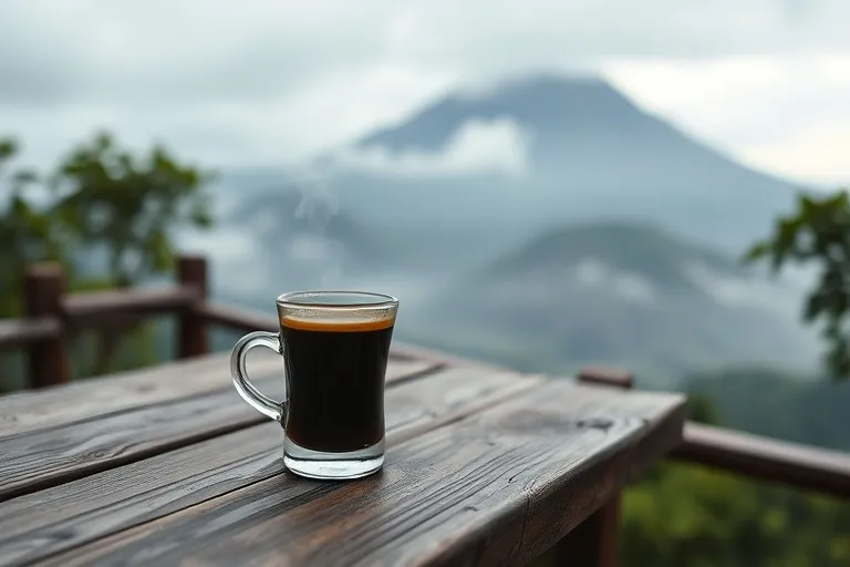 Segelas kopi tubruk di meja kayu teras dengan lereng Merapi berkabut di belakangnya