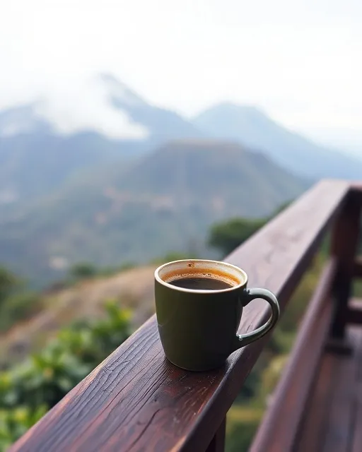 Cangkir kopi di pagar teras kayu dengan Merapi berkabut