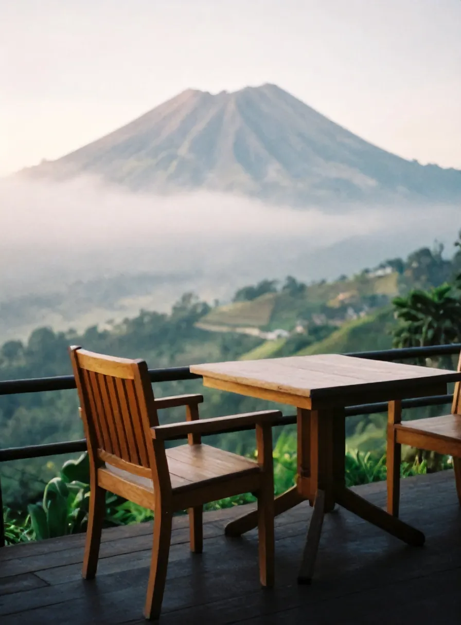 Kursi kayu di teras menghadap Merapi