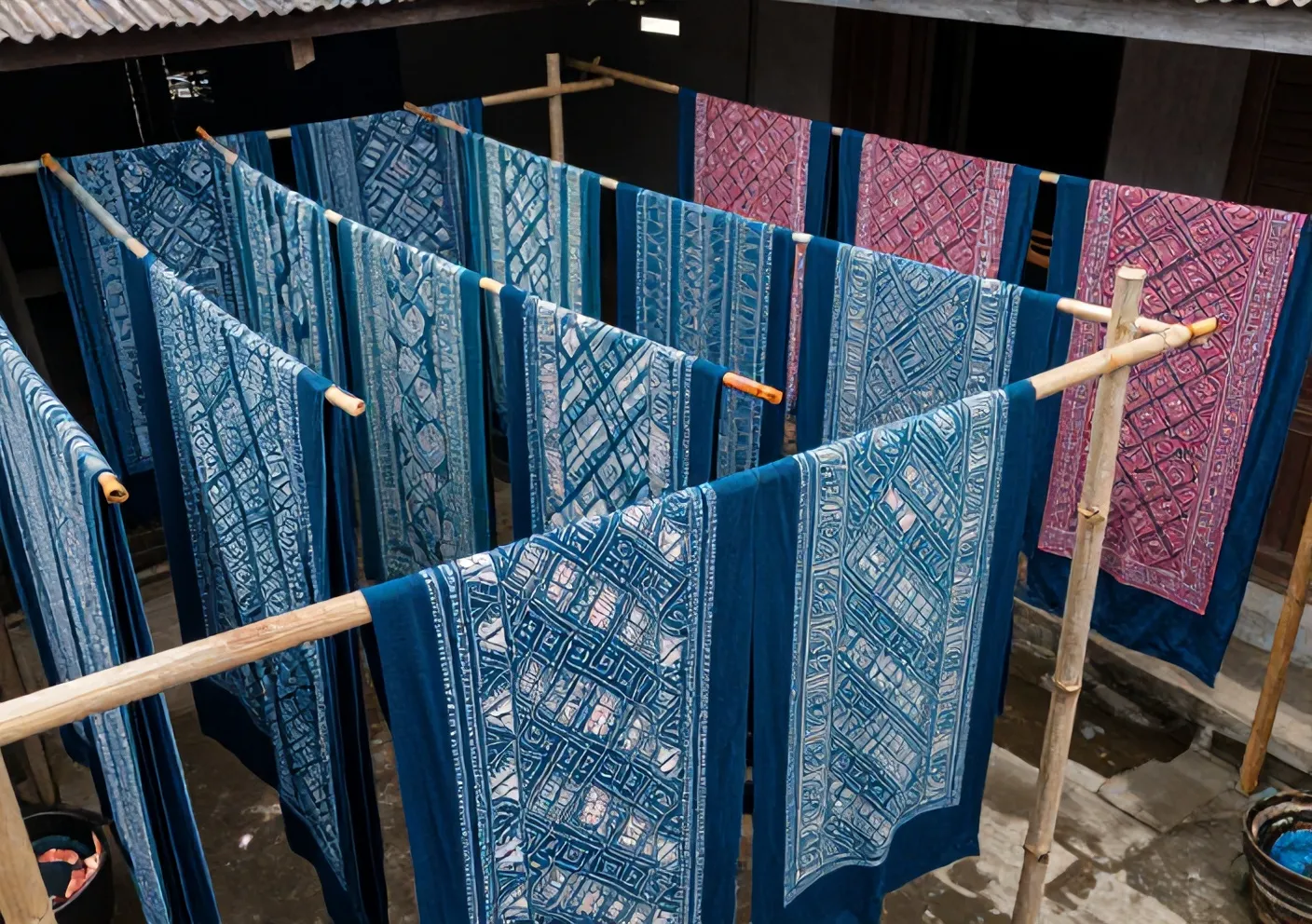 Kain batik tulis dijemur di bambu di halaman keluarga Pekalongan