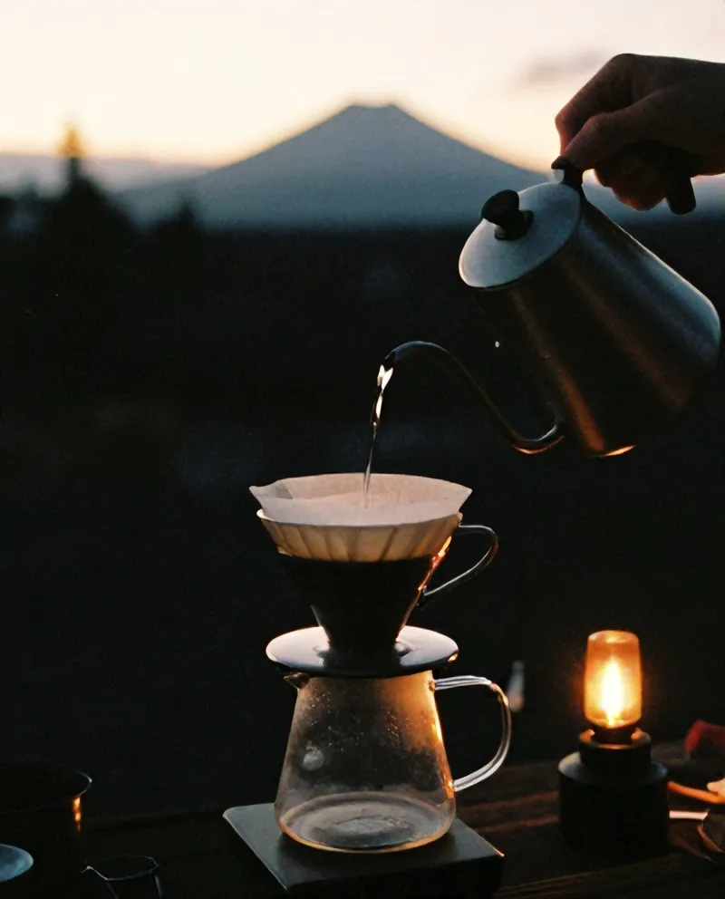 Air dituang dari teko leher angsa ke dripper V60