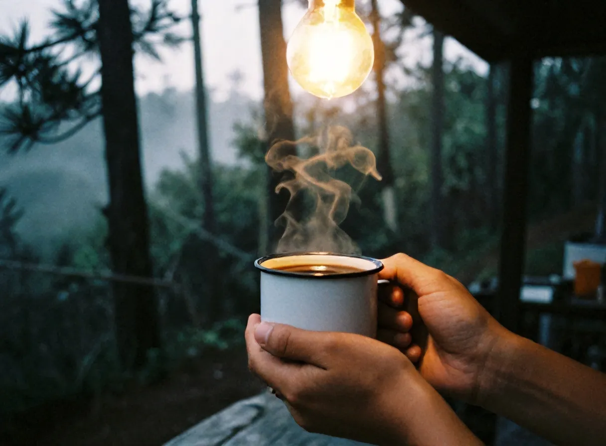 Secangkir kopi panas digenggam di kedai saat senja