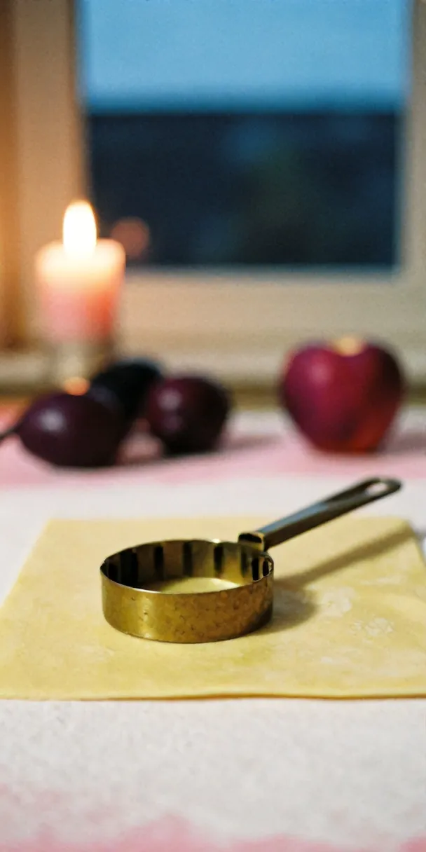 A brass pasta cutter on a sheet of egg dough