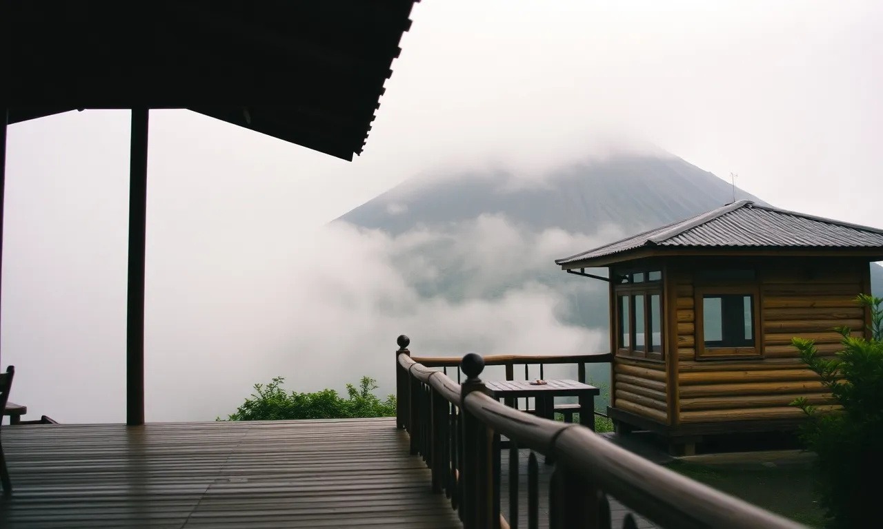 Teras kedai dilihat dari jauh, Merapi berkabut di belakangnya