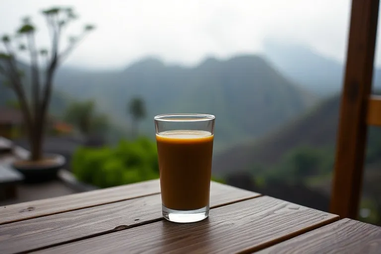 Es kopi susu gula aren di meja kayu
