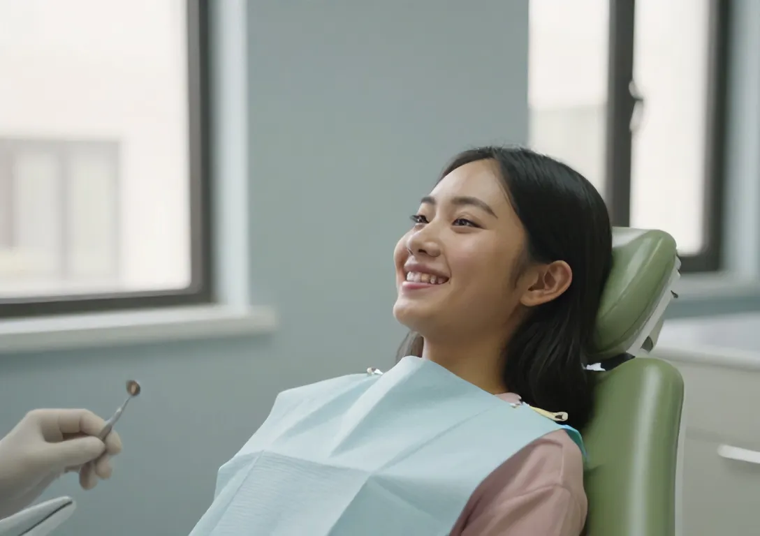Pasien tersenyum di kursi periksa berwarna sage di Klinik Senyum Seri