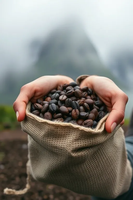 Tangan memegang biji kopi sangrai dari Turgo
