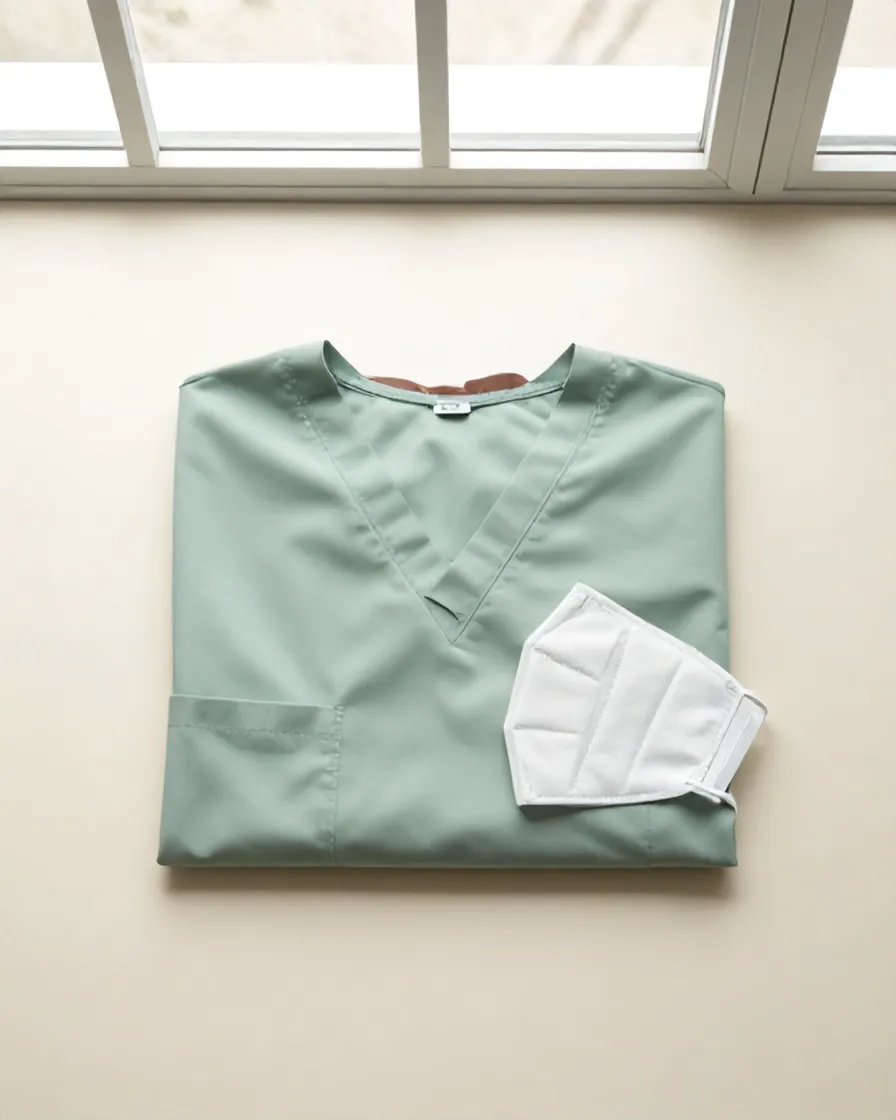 Baju scrub hijau muda terlipat dan masker