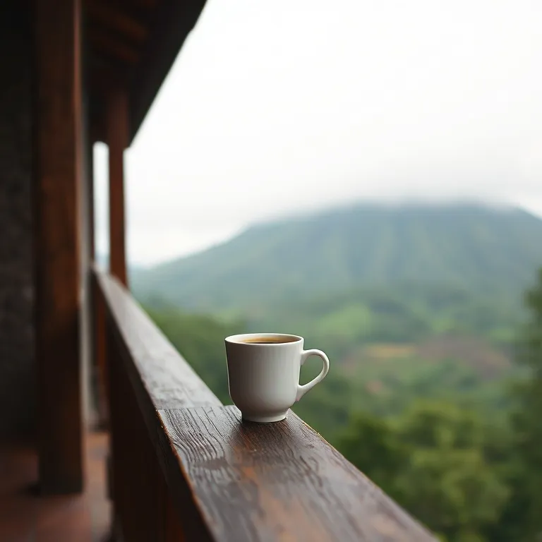 Cangkir kopi di pagar kayu teras dengan lereng berkabut