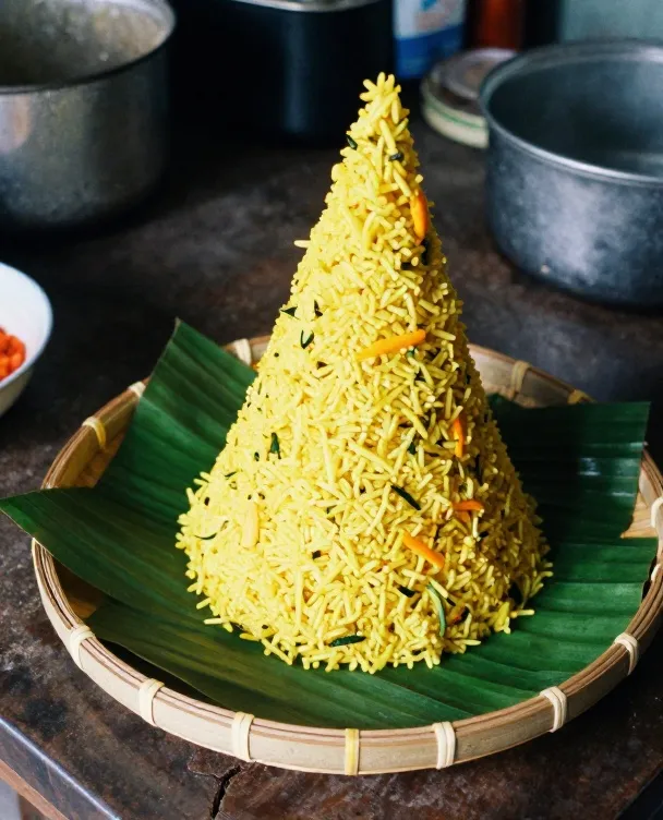 Nasi kuning dibentuk menjadi tumpeng